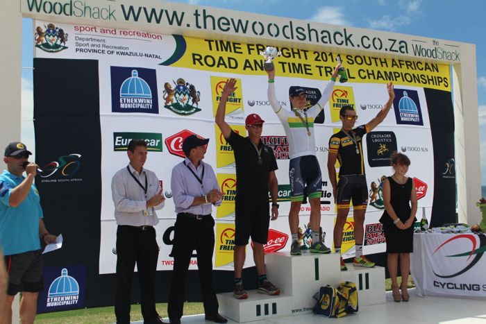 Conrad Stoltz Caveman SA Time Trial Champs 2014 Specialized Shiv, McLaren, Rotor XQL, Squirt lube, Suunto, Daryl Impey, Jay Thompson podium