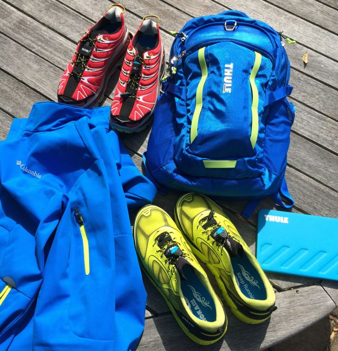 Conrad Stoltz, Hoka One One Conquest Stinson, Thule backpack, Thule ipad mini, Columbia rain jacket