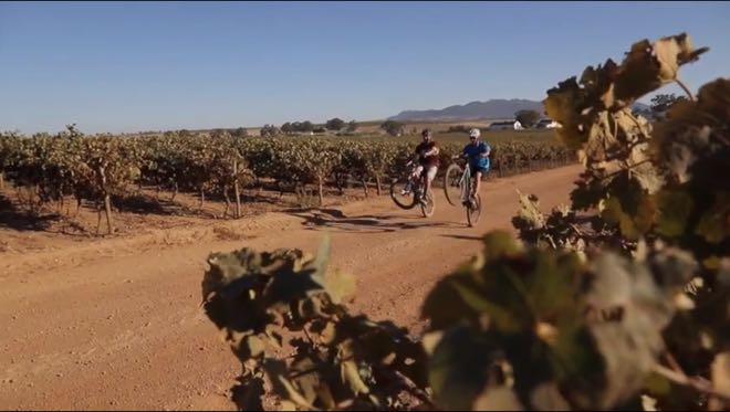 Conrad Stoltz Caveman, Meurant Botha, Perdeberg winery MTB dualling wheelie